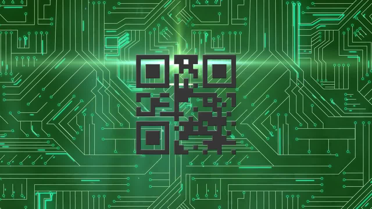 Animation of glowing qr code digital interface over green circuit board