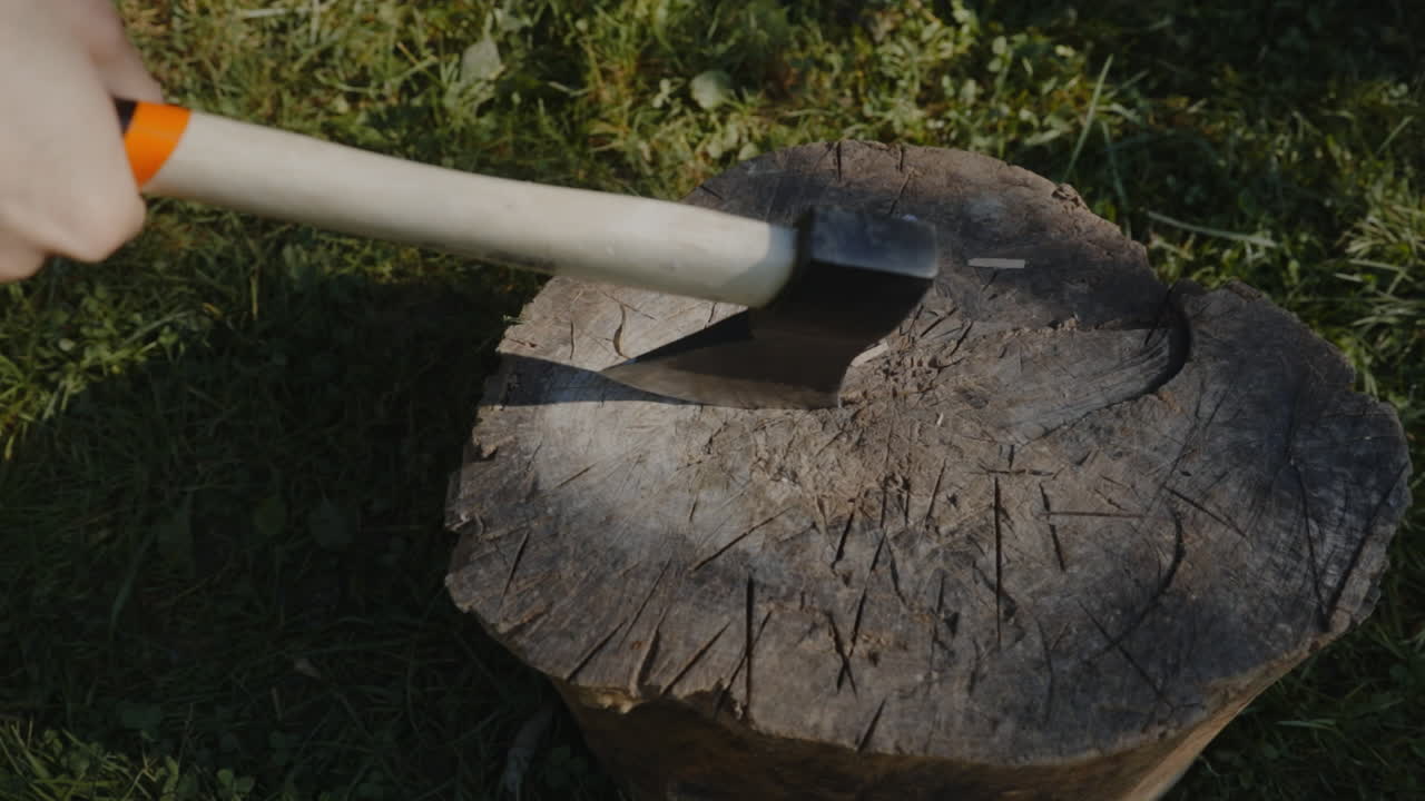 A man drives an axe into a tree stump