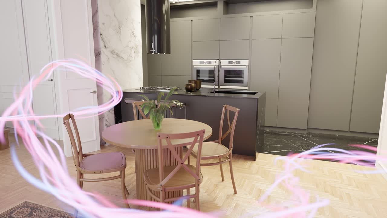 casa inteligente moderna con flujo de energía rosa que fluye alrededor de la mesa de la cocina en animación de renderización 3d