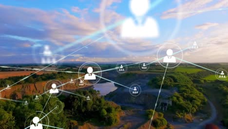 animation of networks of connections with icons over countryside landscape