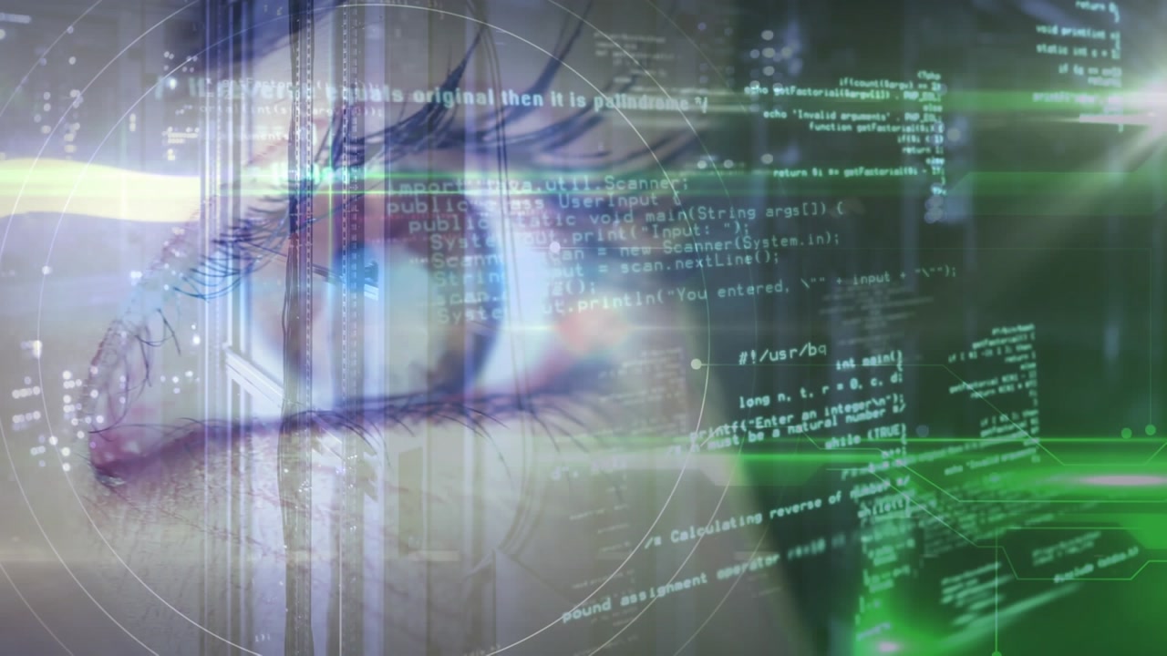 Animation of data processing and scope scanning over eye and server room