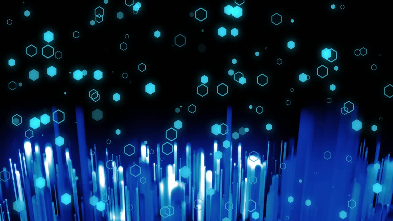 Hexagonal shapes and vertical lines animation over dark background