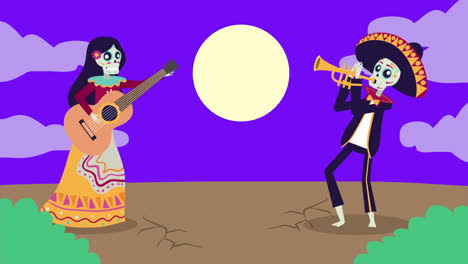 animación viva mexico con personajes de mariachi y catrina skulls