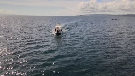 familia disfrutando del avistamiento de delfines en un barco pesquero.