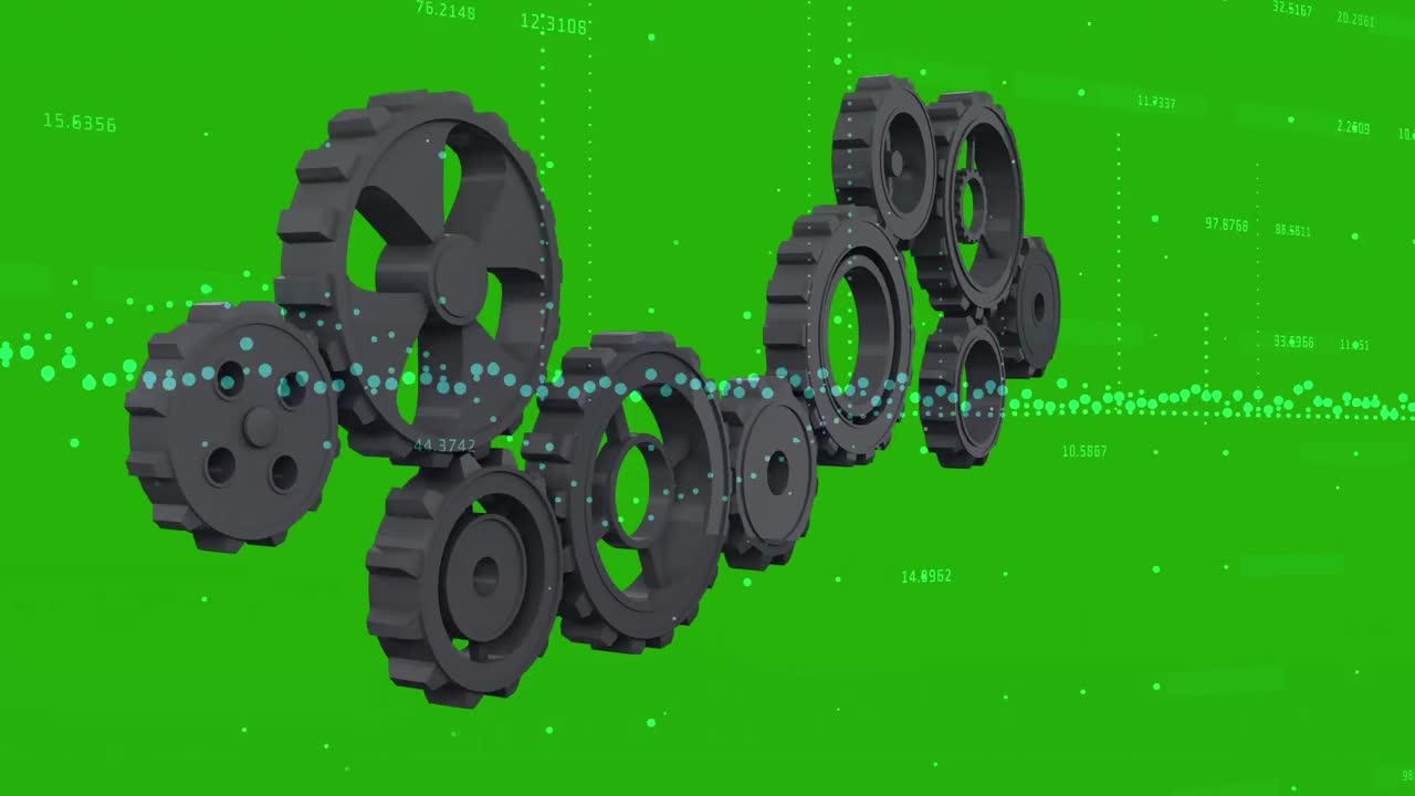 녹색 배경에 다양한 데이터에 회전하는 기어의 애니메이션