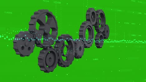 Animation-of-gears-rotating-over-diverse-data-on-green-background