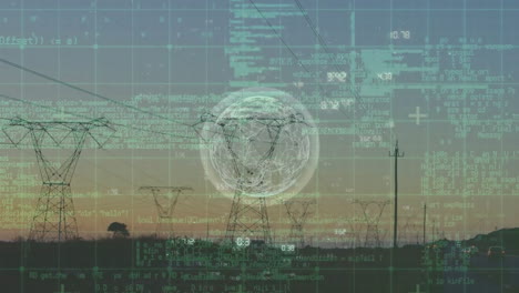 Animación-Del-Procesamiento-De-Datos-Con-Globo-Terráqueo-Sobre-Torres-Eléctricas.