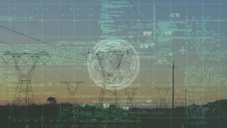 animación del procesamiento de datos con globo sobre pilares de electricidad