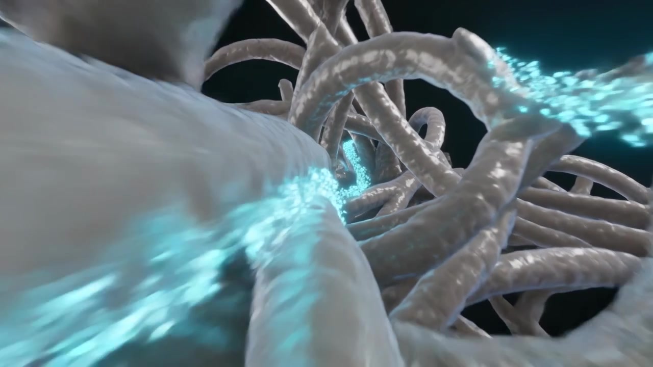 Streaming cyan motes snaking pale strands as camera advances into dark braided tangle tracing paths