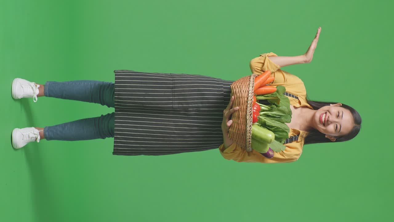 mujer sosteniendo una cesta de verduras
