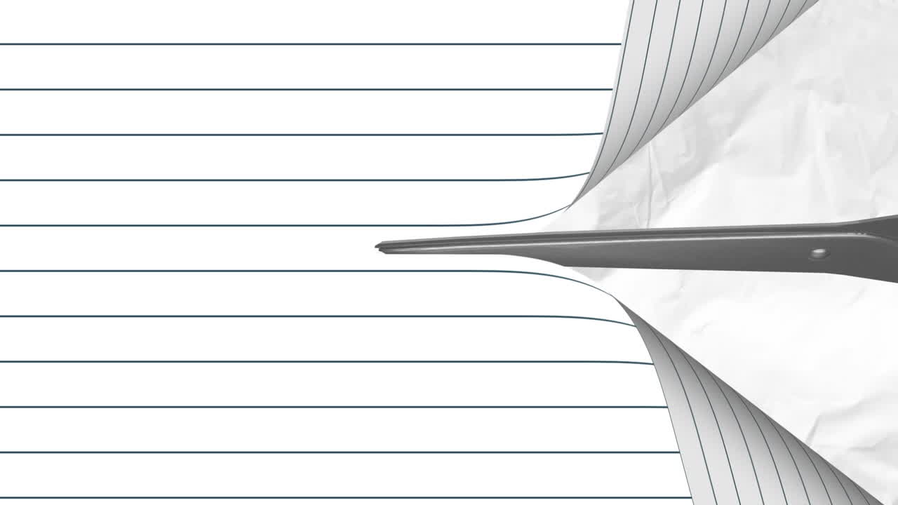 Animation of scissors cutting lined notebook page, over scrunched white paper texture
