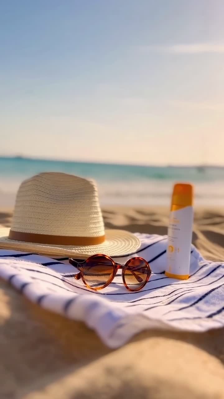 Low-angle video shot of a beach setup with hat, sunglasses, and sunscreen on a towel