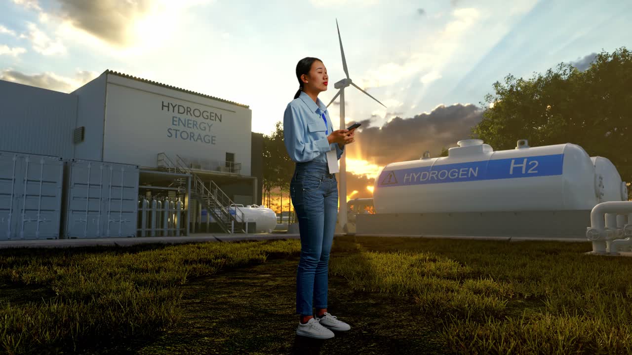 Full Body Side View Of Asian Female Worker Standing With Her Phone At Green Hydrogen factory, High-tech Industrial Facility, She Observes By Looking Around Before She Come To Concentrating With Her Smartphone