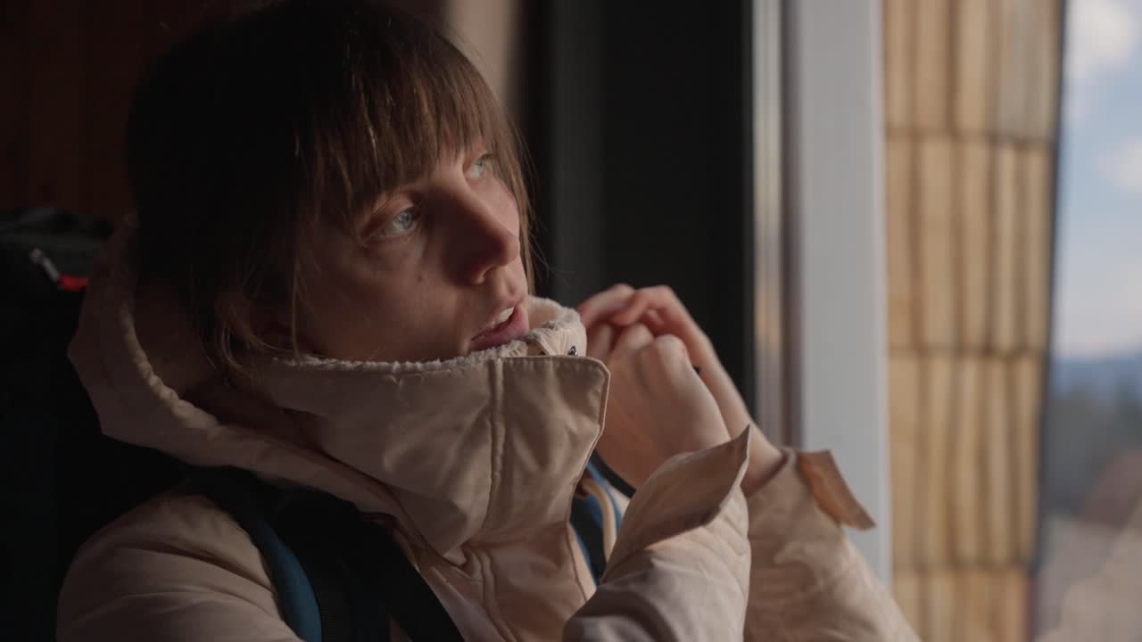 Woman Traveling by Train in Winter