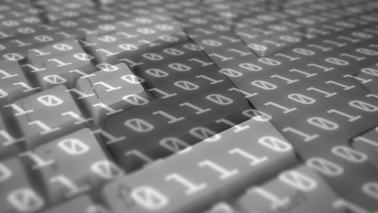 Animation of binary coding over computer keyboard on grey background