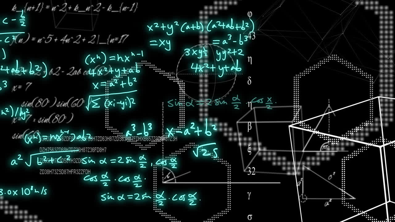 animación de fórmulas matemáticas y procesamiento de datos científicos sobre un fondo negro