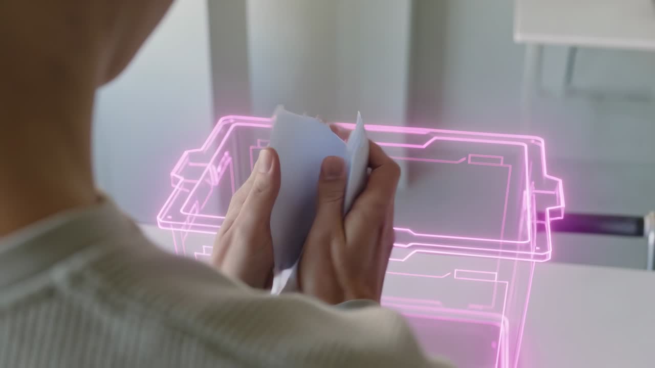 Hands Tearing Paper and Discarding into Holographic Bin