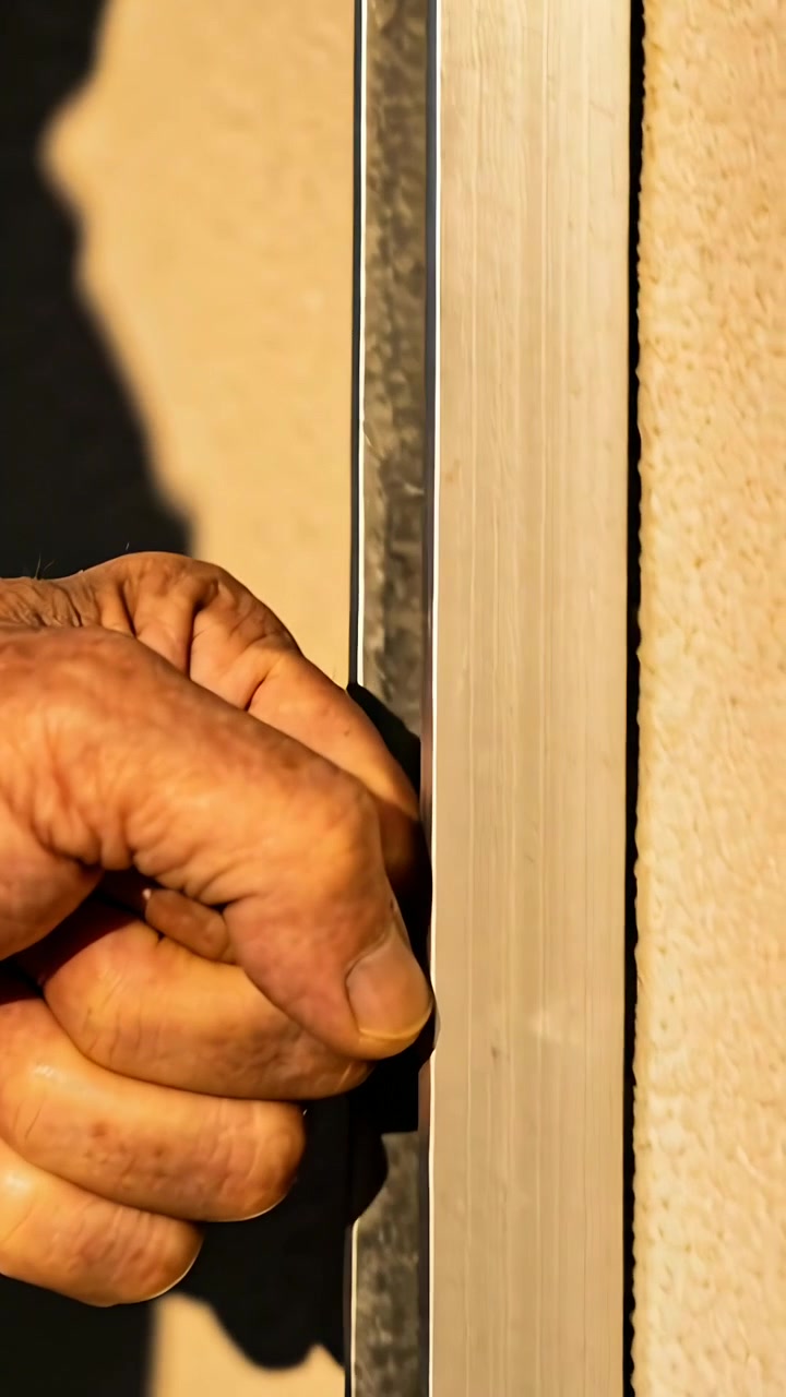 Vertical video: Approaching right hand tightening grip on exterior stucco metal trim, checking fit