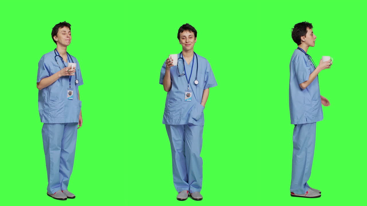 의료 보좌관은 검사 약속을 시작하기 전에 커피 한 잔을 마시고 있습니다.