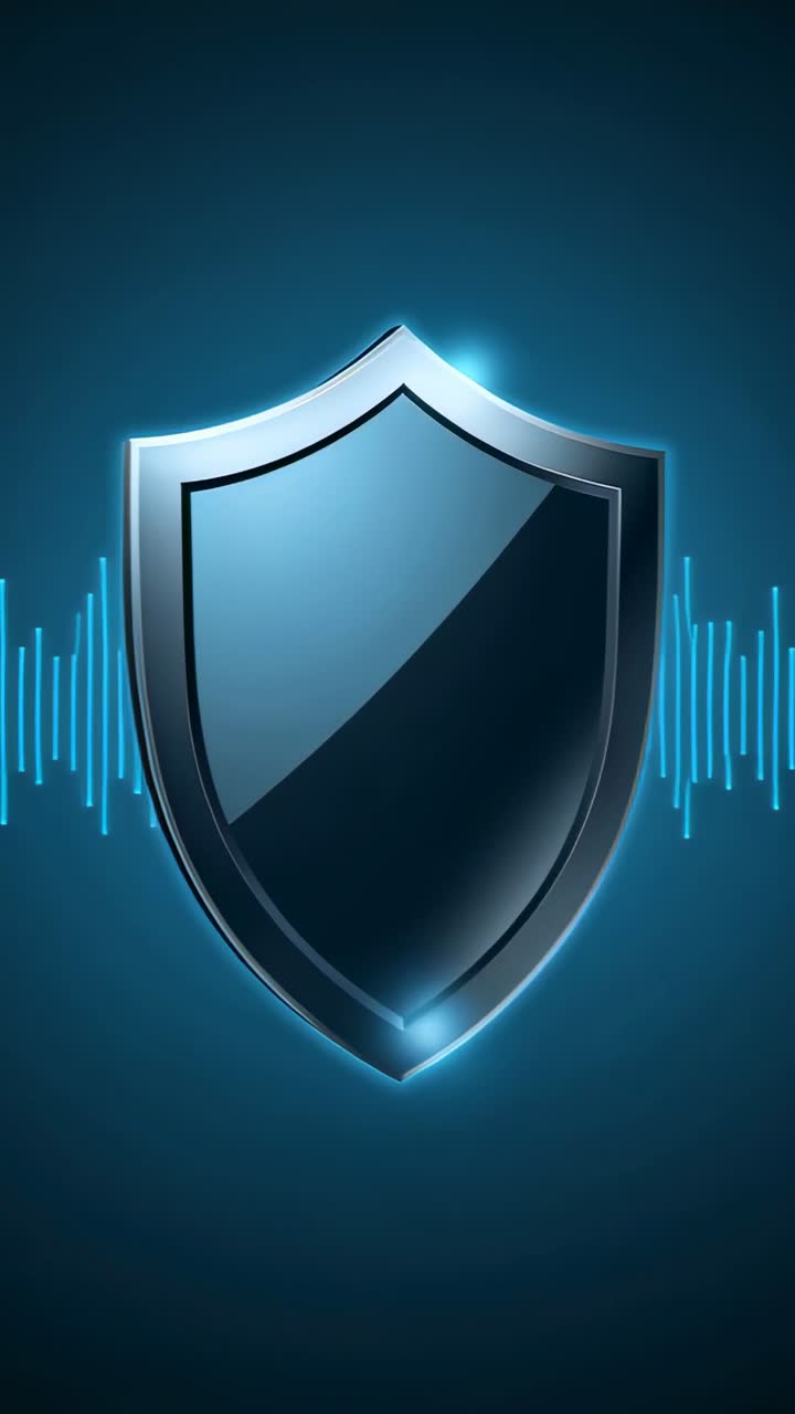 Vertical video: Pulsing glossy metal shield tilting with flares to sound on teal, cyan waveform