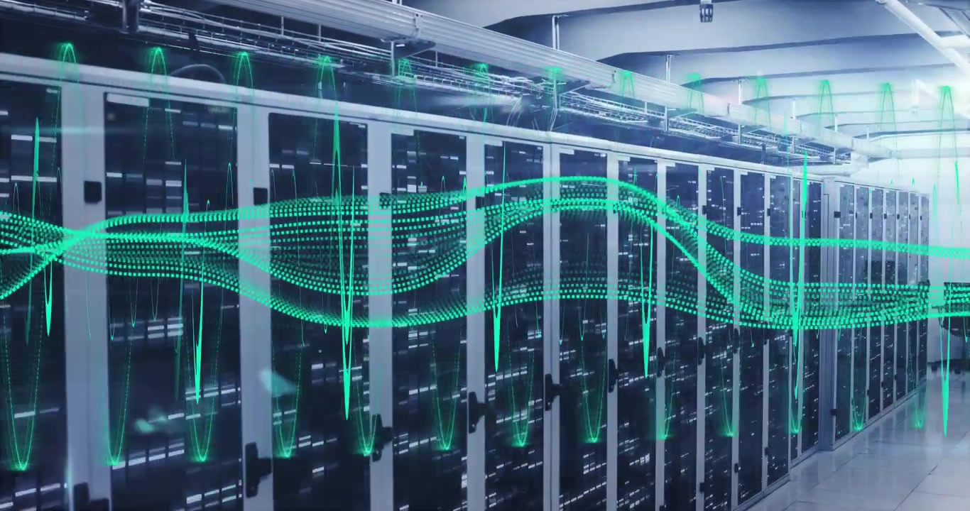 Server cabinets receiving network data animating waveforms pulsing, shifting, indicating traffic