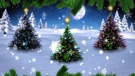 Animation-of-green-leaves-and-snow-falling-over-three-christmas-trees-on-winter-landscape
