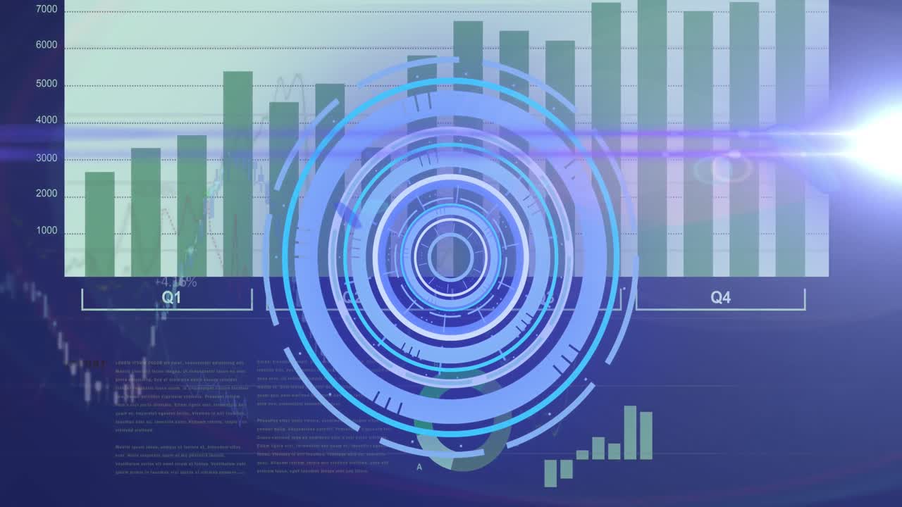 과학적 그래프와 데이터 위를 이동하는 처리 원의 애니메이션