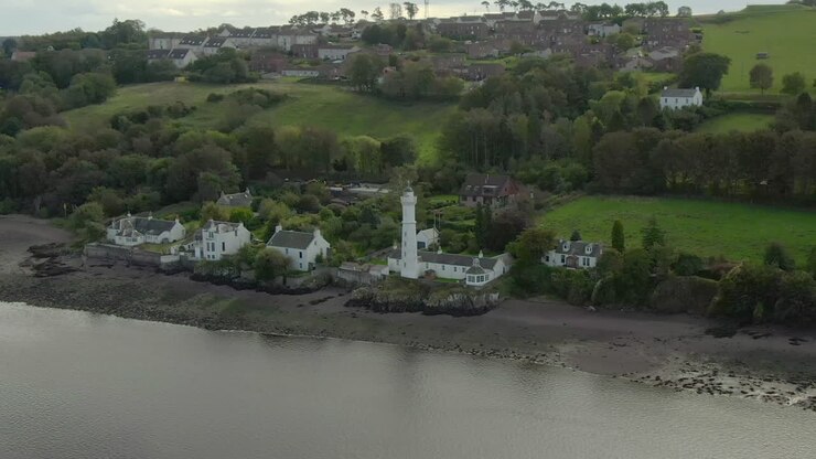 An aerial view of the Tayport West Lighthouse on a cloudy day