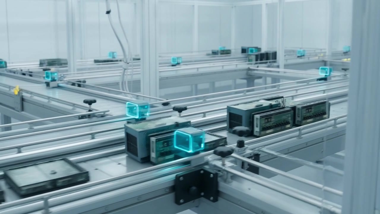 Automated Production Line with Electronic Modules on Conveyor Belts