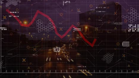 Animación-Del-Procesamiento-De-Datos-Estadísticos-Frente-A-La-Vista-Aérea-Del-Lapso-De-Tiempo-Del-Tráfico-Nocturno-De-La-Ciudad