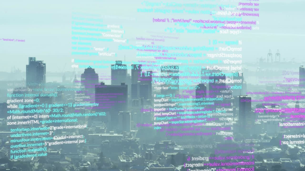 Cyan, magenta code ribbons emerging from edges sliding over centered skyline showing data flow
