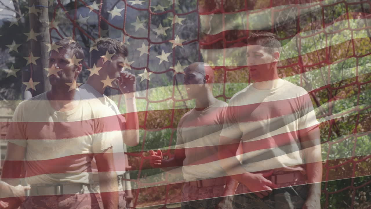 Wearing military attire, men standing together with American flag animation overlay