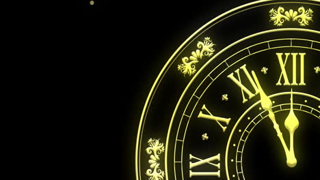 animation of clock showing midnight and fireworks exploding on black background