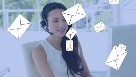 Animation-of-email-icons-and-numbers-changing-over-businesswoman-wearing-phone-headset