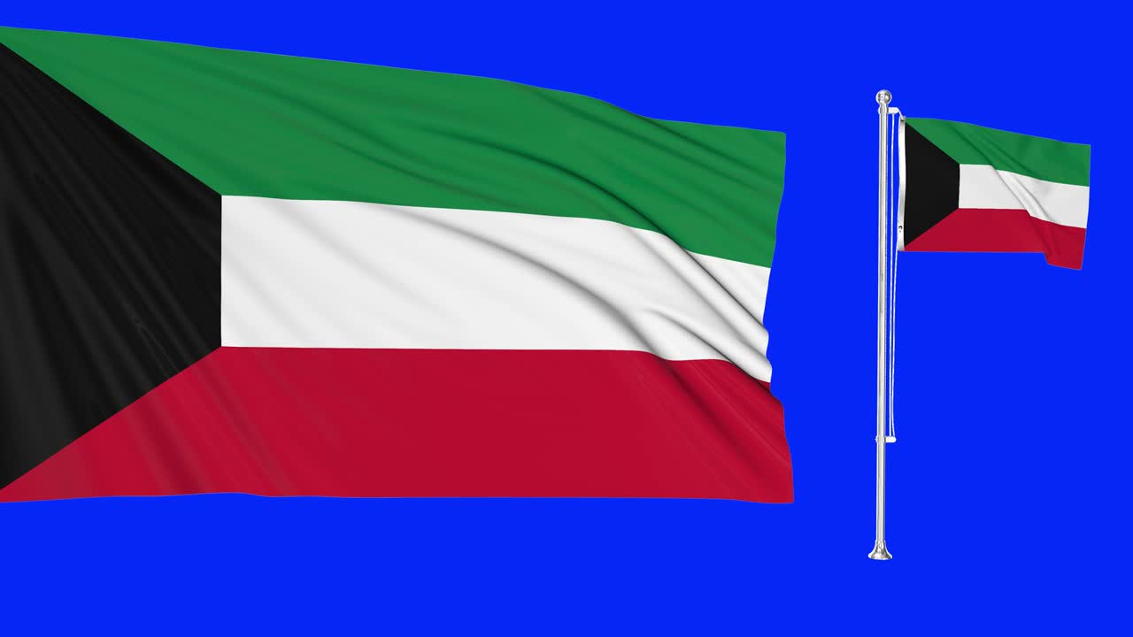 pantalla verde hiper realista de kuwait dos banderas ondeando en el viento asta de la bandera de kuwait revoloteando con animación de textura de tela muy detallada 4k 3d clave de croma