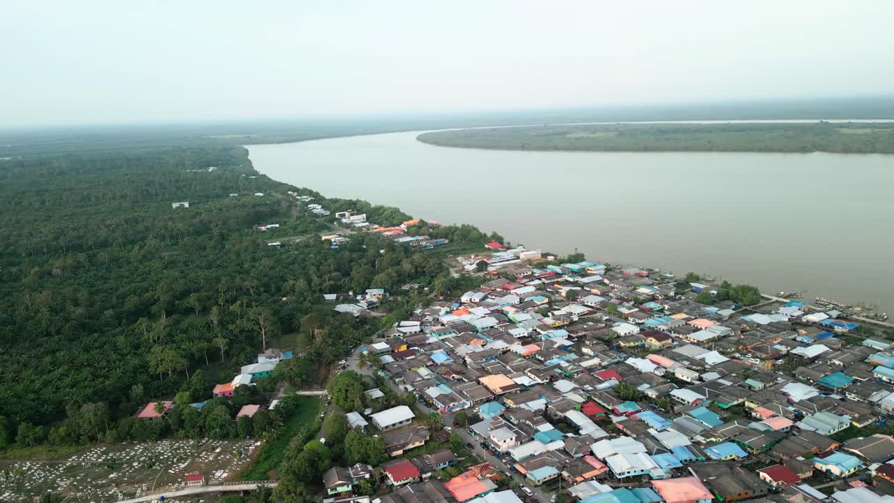 Aerial Drone View During Summer Kabong Fishing Village,With River And Beach,Sarawak,Borneo