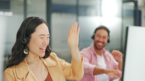 Asian-call-center-woman-or-high-five-for-success