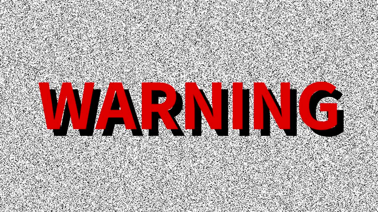 advertencia. palabra sobre el problema en la vieja pantalla ruidosa. interferencia de vhs en bucle. fondo animado vintage. imágenes de video 4k