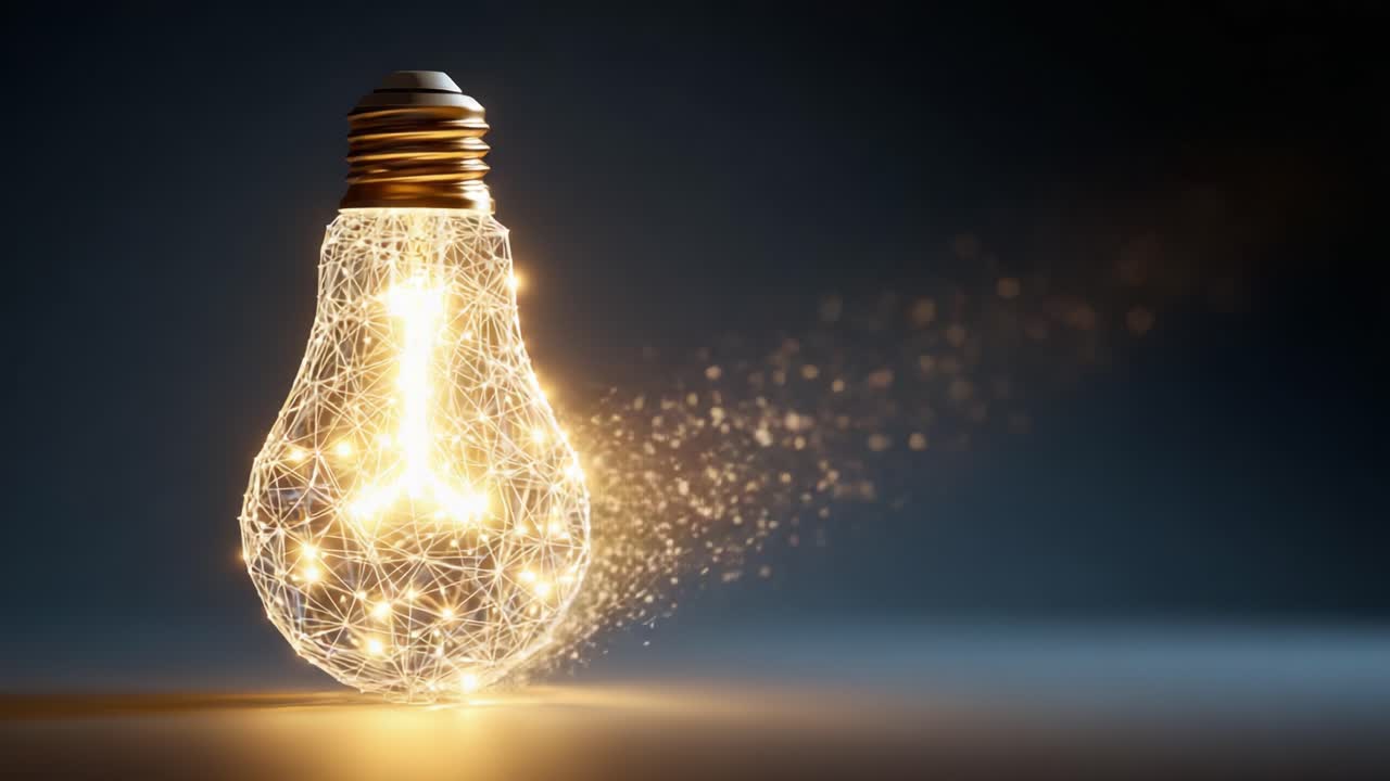 A Stunning Visual of a Light Bulb Created from 3D Wireframe and Sparks, Capturing the Spark of Innovation and Creativity in a Dark Environment