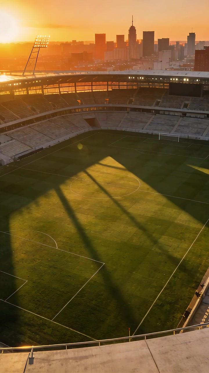 Video verticale: Ombra triangolare di un tetto proiettata, sole basso che si muove a sinistra, illuminando il campo dello stadio.