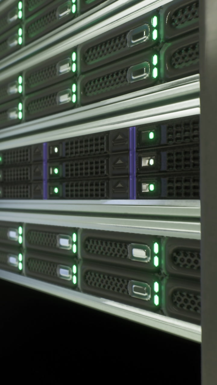 Data storage equipment displays lights in a server room at night