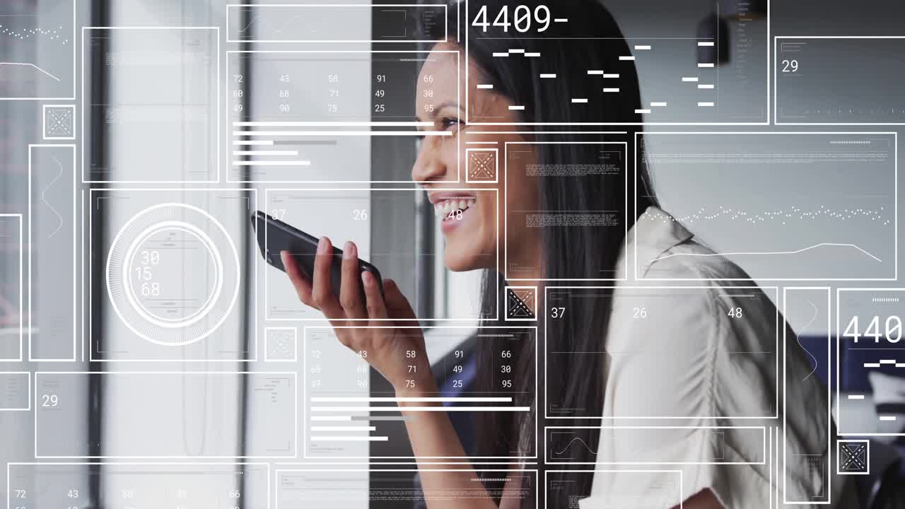 Empresária segurando o smartphone e fazendo uma chamada financeira com gráficos animados flutuando sobre a janela.