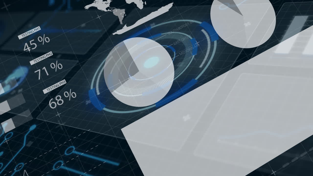 Animation of futuristic data visualization with charts and graphs over world map