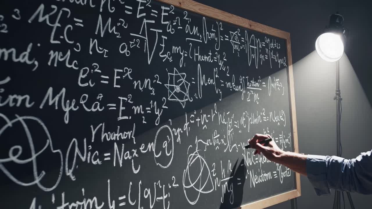 Side angle video of a hand writing complex equations on a chalkboard, illuminated by a spotlight
