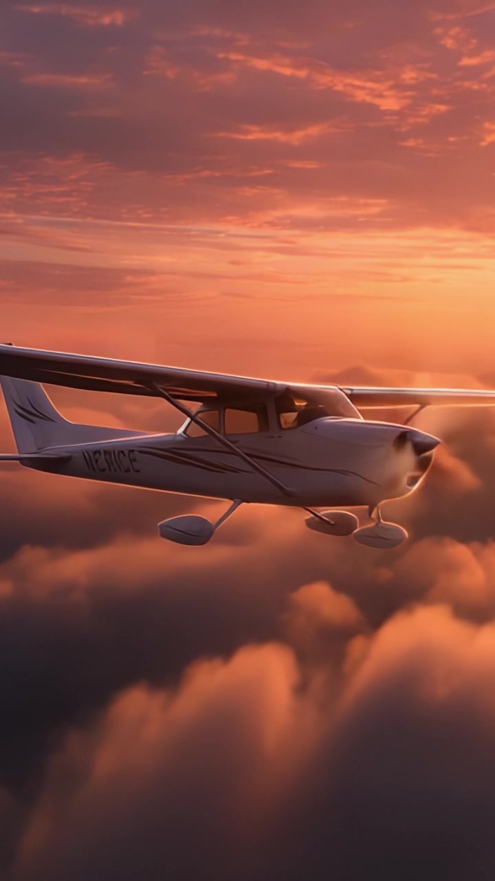 Un Cessna 172 Vola Attraverso un Bellissimo Cielo al Tramonto, Scivolando Sopra le Soffici Nuvole, Catturando la Tranquillità e la Bellezza dell'Aviazione al Crepuscolo