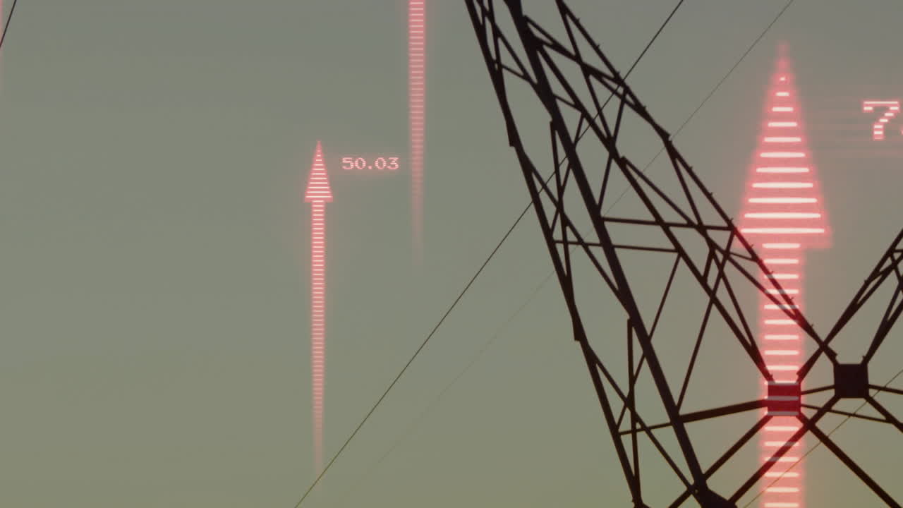 Electricity transmission tower silhouette being animated in dawn sky, featuring rising red arrows
