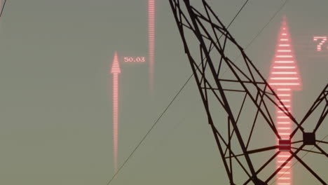 electricity transmission tower silhouette being animated in dawn sky, featuring rising red arrows