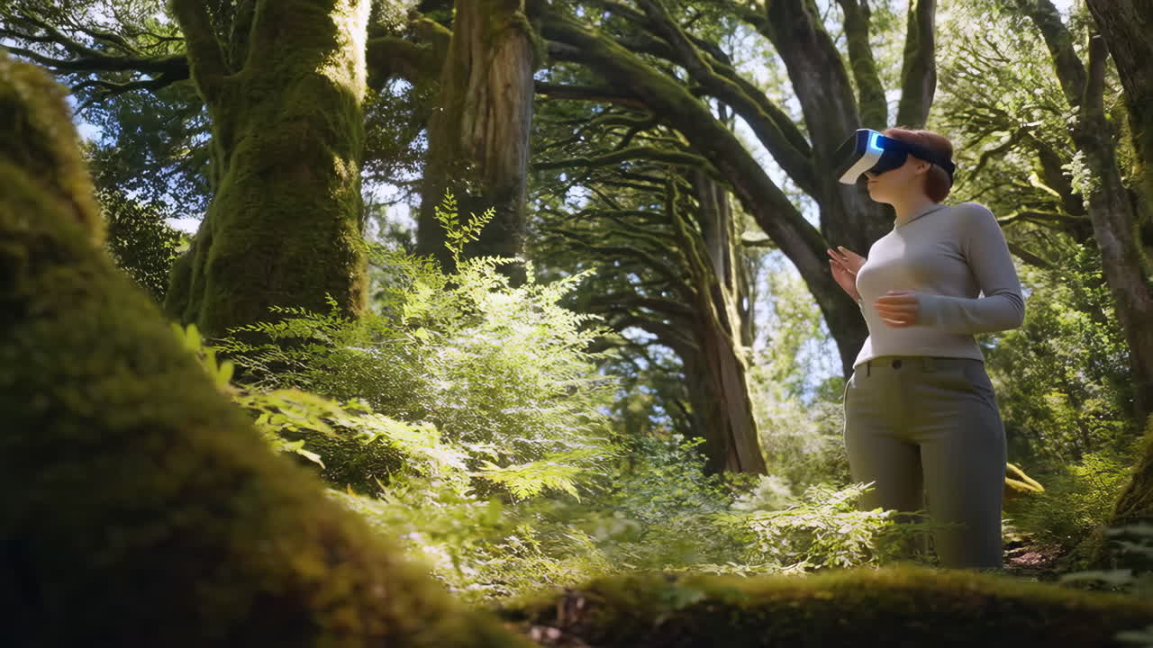Woman Exploring a Virtual Forest Environment with a VR Headset