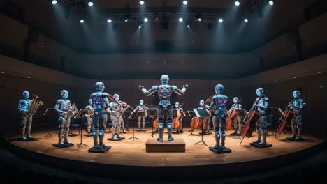 a futuristic robot orchestra: an ensemble of artificial musicians performing under the spotlight in a modern concert hall