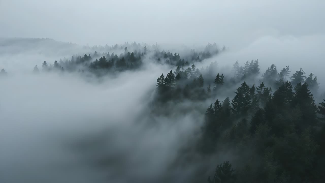 Gliding aerial camera revealing drifting fog over conifer canopy in hilly forest, showing layers